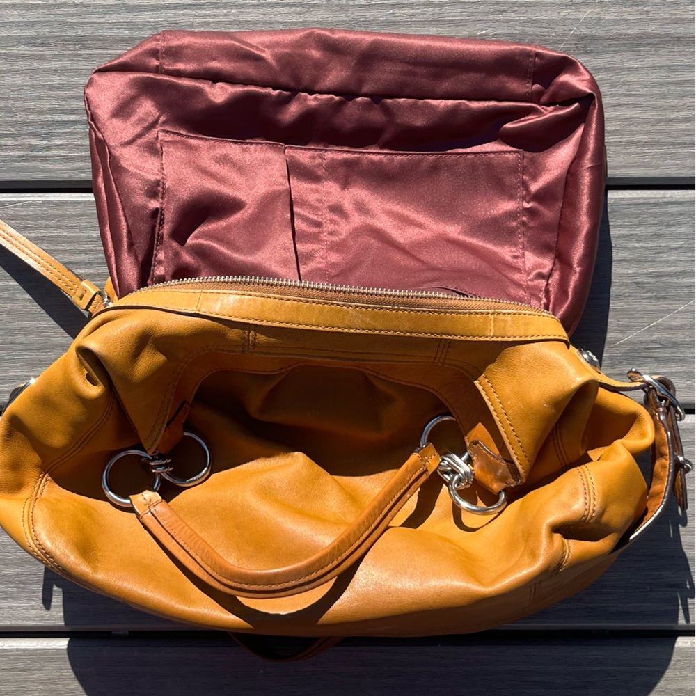 Coach; Golden Brown Leather Hobo Bag; 3 Section; Burgundy Interior; Duel Handles - Picture 10 of 16